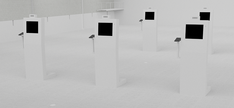 Illustration of health check kiosk arrangement. Kiosk with blood pressure, SPO2, and balance testing capabilities