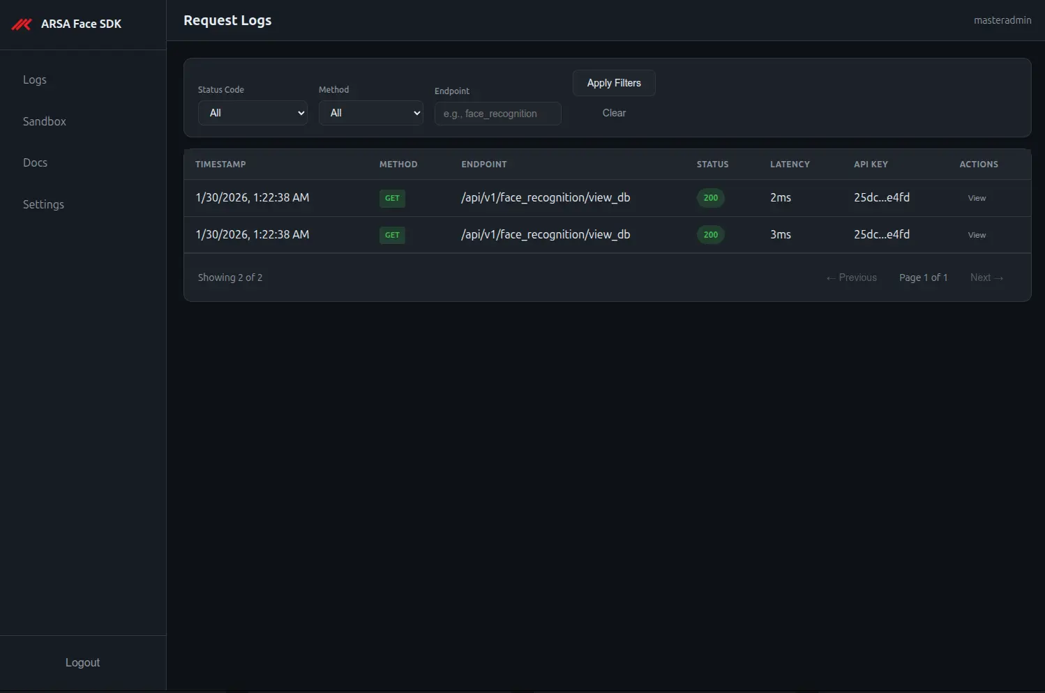 ARSA Face SDK Dashboard Logs