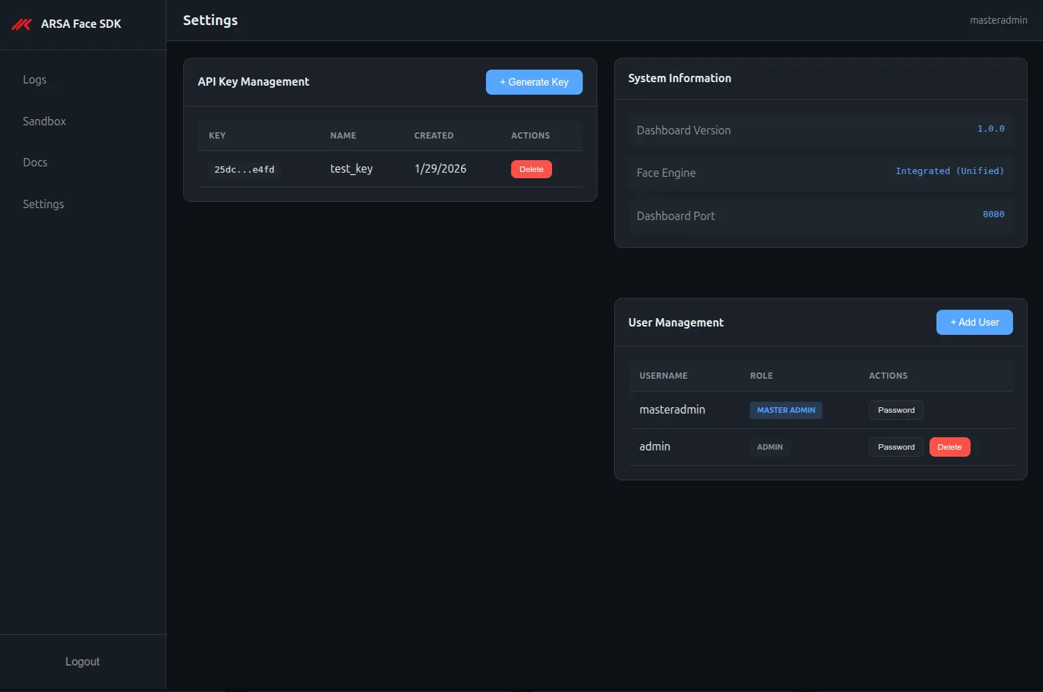 ARSA Face SDK Dashboard Settings