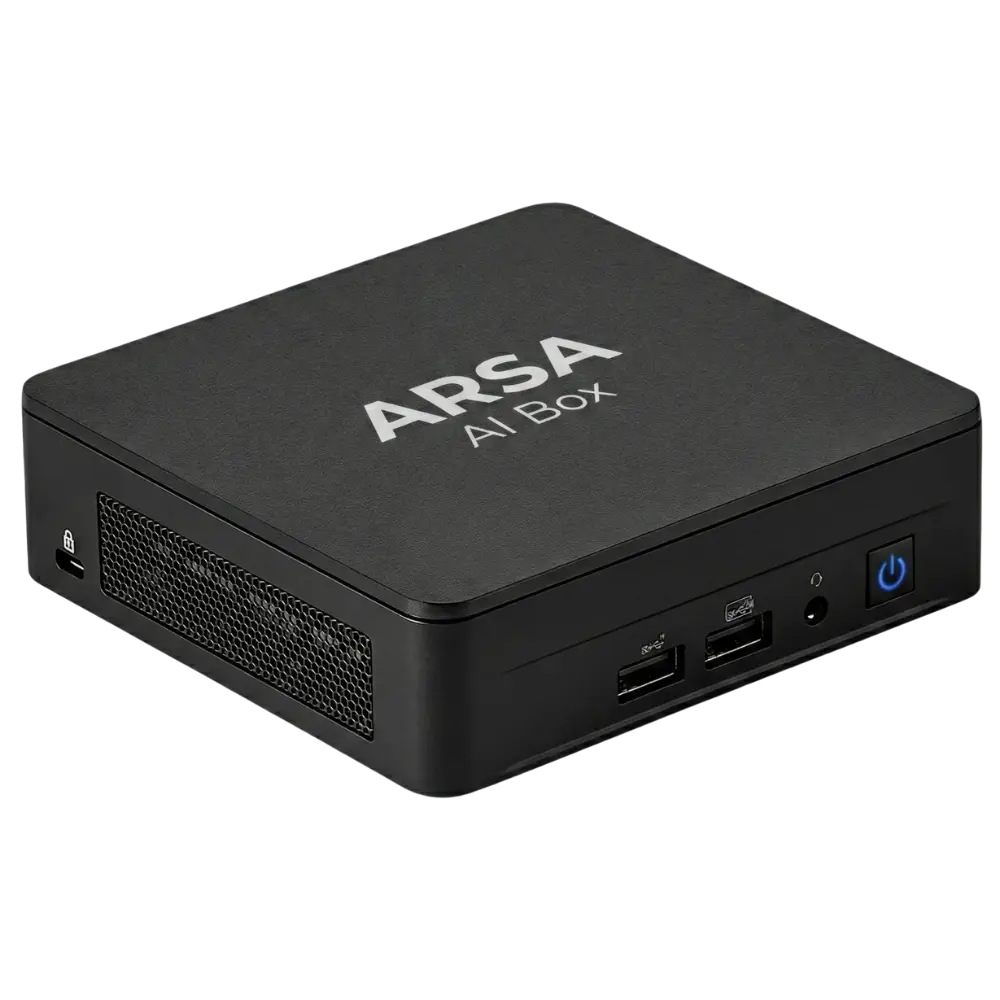 ARSA AI Box hardware bundled with the Traffic Monitor dashboard. The image illustrates the device's capability to process real-time traffic analytics, showing vehicle counting, speed detection, and classification.