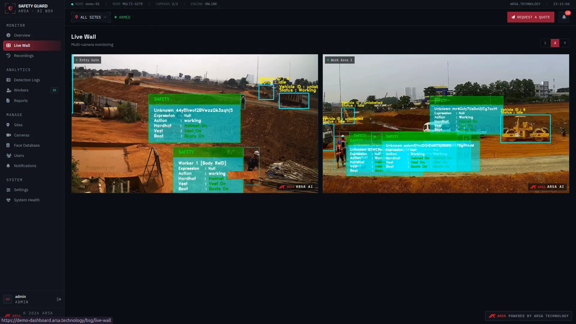 ARSA Basic Safety Guard dashboard for construction sites, displaying real-time PPE compliance monitoring, violation alerts for missing helmets and vests, and safety trend analytics.